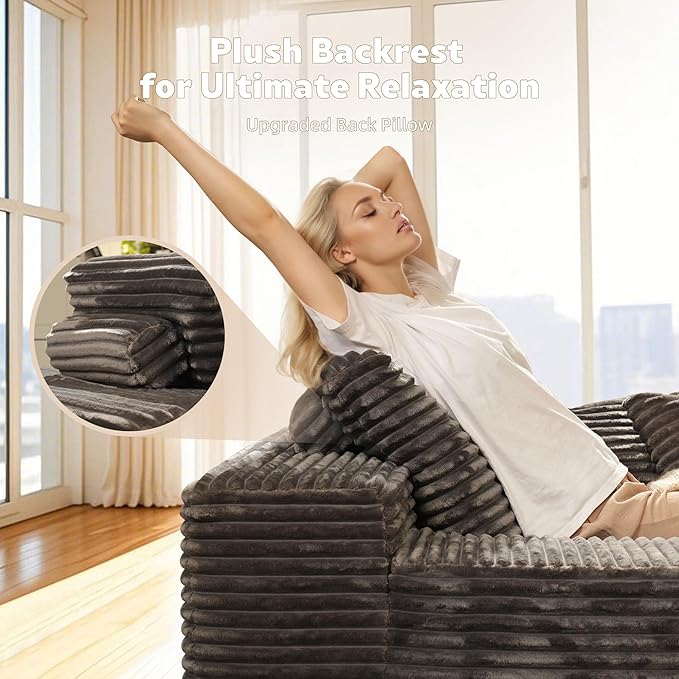 67x48 Oversized Chaise Lounge Chair Indoor Upholstered Sofa Bed with Plush Faux Fur Sleeper Couch Reading Chair Fluffy Cloud Sofa for Living Room Plush Gray