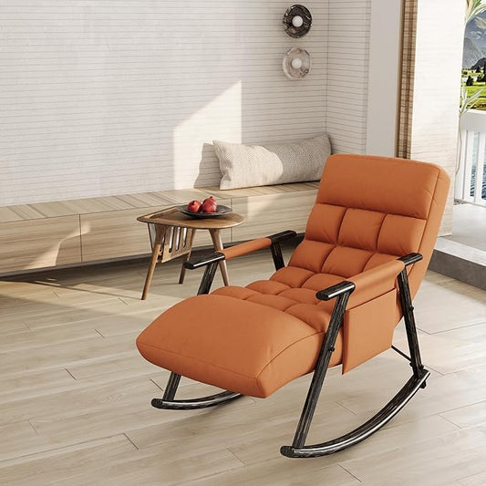 Casual Folding Rocking ChairVelvet Upholstered Rocking ChairModern Lounge Rocking ChairAdjustable High Back and Foot RestSide Pockets for Living RoomBedroomBalconyOrange