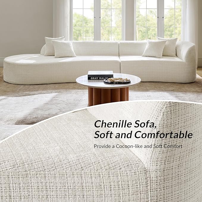 141.75 Modern Curved Compressed Sofa All-Foam Cloud Couches with 4 Pillows No Assembly Required Boneless Sectional Sofas Large Floor Couch for Living Room Ivory