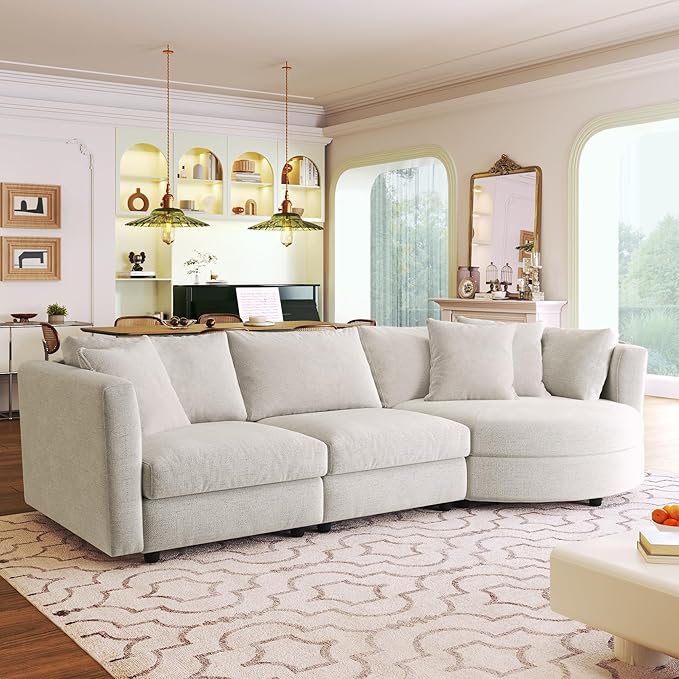kevinplus 105.5'' Sectional Sofa Couch for Living Room Modern Contemporary 3-Seat Upholstered Sectional Couch Sofa with Curved Seat for Apartment Home Office Chenille Fabric Beige
