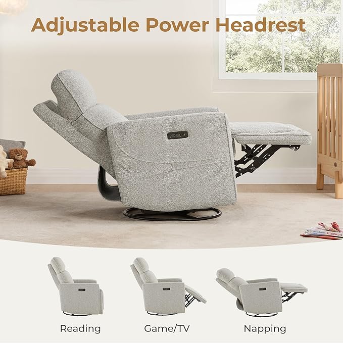 CHITA Power Recliner Chair Swivel Glider with Adjustable Power Headrest FSC Certified Electronic Modern Nursery Rocking Chair with USB and Type-C Ports Light Grey