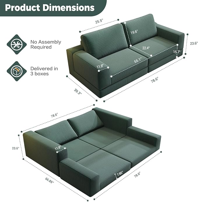 78 Convertible Loveseat Sofa Comfort Corduroy Futon Sofa Bed Wide Armrest Deep Seat No Assembly Folding Sofa Bed for Living Room/Home Office/Apartment (Green Loveseat)