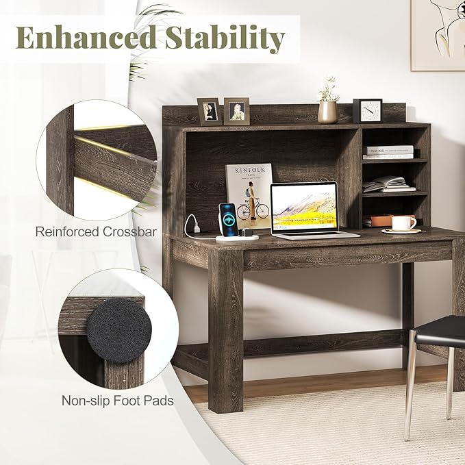 Giantex Computer Desk with Hutch Modern Home Office Desk with Power Outlets Storage Shelves &amp Cable Hole Makeup Vanity Table Study Writing Desk for Bedroom Office Small Space (Grey Oak)