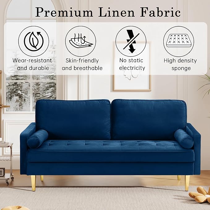 SZLIZCCC 67 LoveSeat Sofa Love Seat Couch Mid Century Modern Couchs Velvet Fabric Pull Dot Design Sofas with Two Round Pillows for Small Spaces Living Room Dorm Bedroom Apartment (67 Navy)