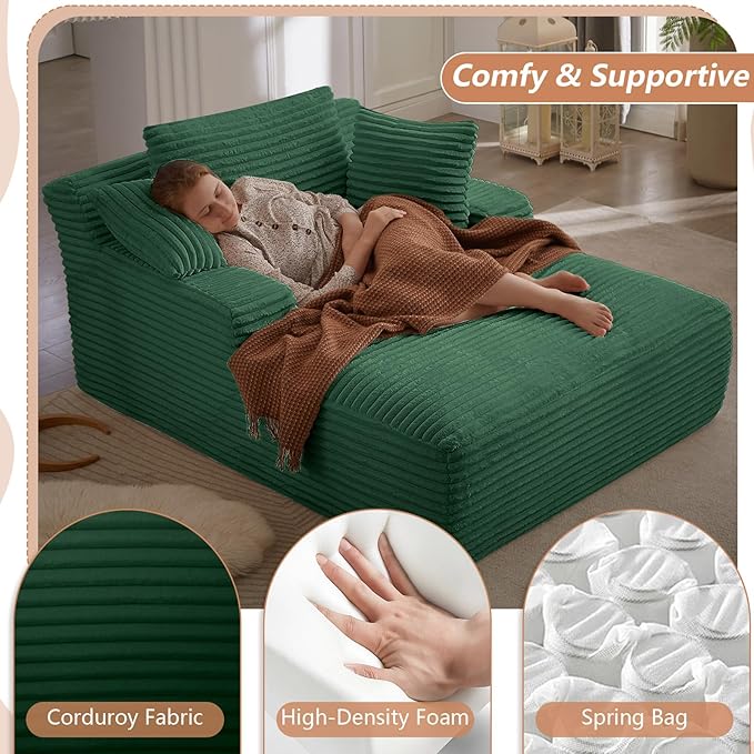 49.2 Oversized Chaise Lounge Chair Deep Seat Upholstered Cozy Cloud Couch Modern Corduroy Floor Sleeper Sofa Bed Reading Chair for Living Room Bedroom Apartment Office Indoor Green