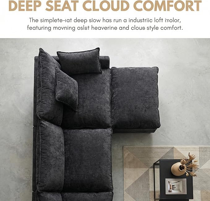 108 L-Shaped Modular Sectional Sofa with Ottoman Modern Cloud Couch Chenille Deep Seat 3-Seater for Living Room Solid Wood Frame &amp Easy Assembly (Black 3 Seat)