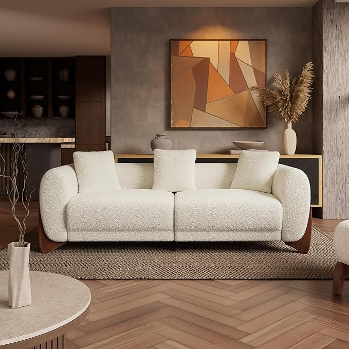 Morden Fort Boucle Sofa Modern Upholstered Cloud Couch Durable Comfy Boucle Pet-Friendly Sofa Deep Seat with Wooden Leg &amp Pillow Sofas 3 Seater Couches for Living Room Bedroom Apartment Beige