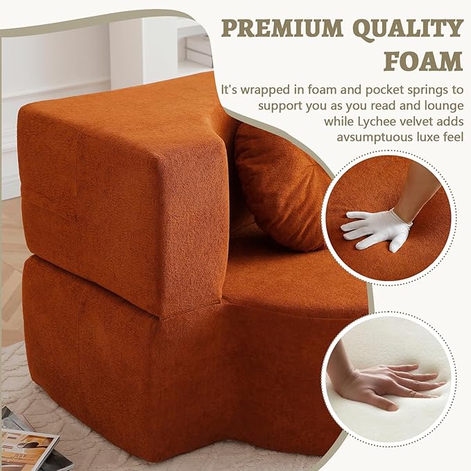 2-In-1 Futon Sofa Bed Foldable Couch with 2 Pillows Convertible Foldable Sofa Bed Folding Sofas Beds for Living Room Guest Room Apartment Office Lazy Sleeper Comfy No Assembly (Orange)