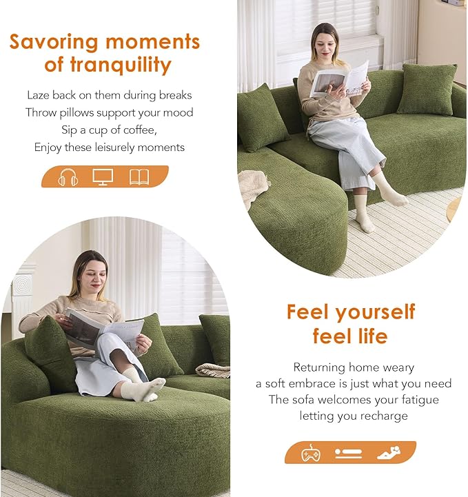 Curved Sectional Sofa Couch Oversized L Shape Deep Seat Cloud Couch Modern Chenille 4-Seater Sofa with Chaise No Assembly Required Couches for Living Room Apartment Office Green