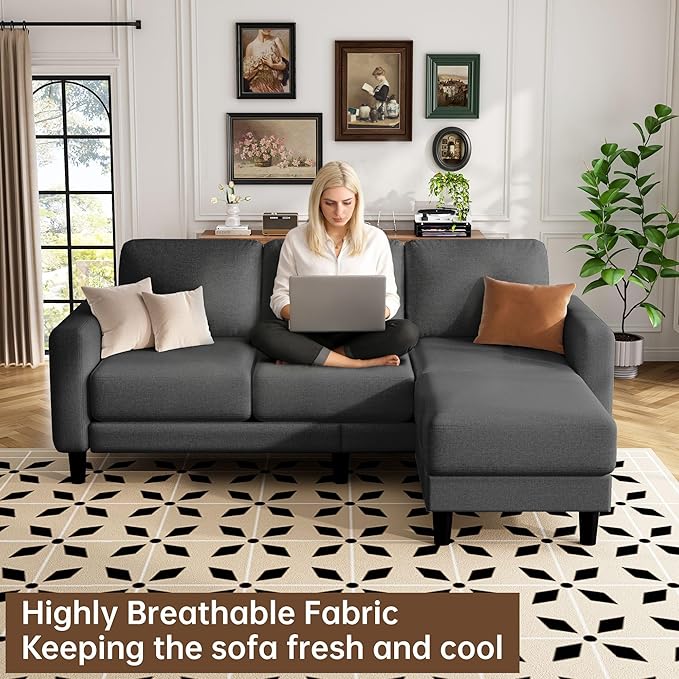 ZeeFu 73 Sectional Sofa Couch for Living Room L Shaped Couch with Extra Thick Deep Seat Cushions 3 Seater Convertible Sofa with Movable Ottoman for Small Apartment 650lbs Heavy Duty (Dark Grey)
