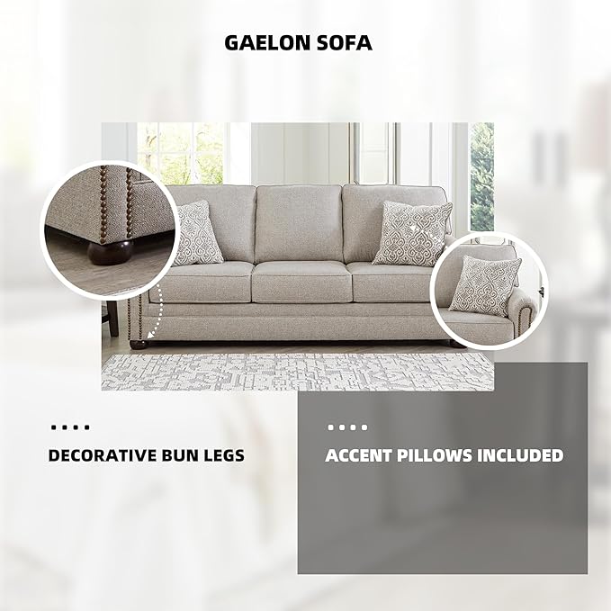 Signature Design by Ashley Gaelon Transitional Sofa with Nailheads and 2 Accent Pillows Beige