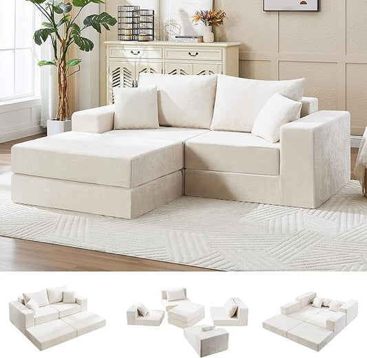 79 Boneless Cloud Loveseat Sofa Couch Modular Foldable Floor Sofa with Ottoman Chenille Lounge Convertible Sofa Bed for Living Room No Assembly Beige