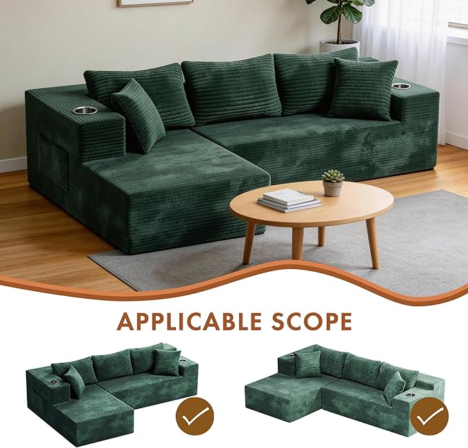 Realbear 108 Cloud Sectional Couch Sofa with L-Shape Chaise Modular Sectional Couch with Deep Seat for Living Room Bedroom No Assembly Required (Green 108 Left Facing Chaise)