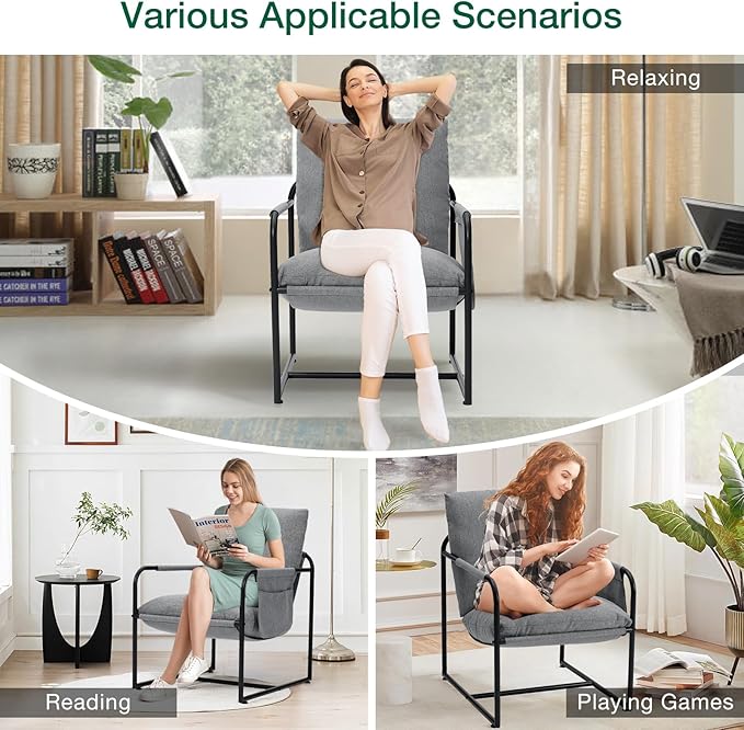 VANSPACE Modern Sling Accent Chair Comfy Living Room Chair with Side Storage Pocket Upholstered Armchair with Soft Cushion Bedroom Chair Metal Frame &amp Linen Fabric Cover