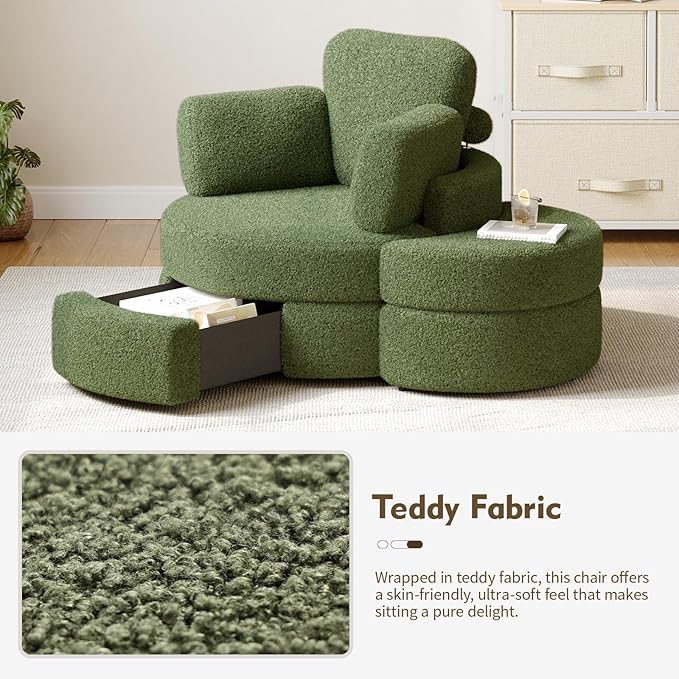 MEISSALIVVE Swivel Accent Chair with Half Moon Ottoman Round Chairs with Drawer Storage for Living Room 360° Barrel Chair with USB Charging Port (Teddy Fabric Green)