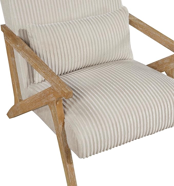 Lexicon Mid Century Modern Accent-Chair with Lumbar Pillow Brown Solid Wood Frame Comfy Corduroy Upholstered Lounge Arm Chair for Living Room/Bedroom/Office/Reading Nook Assembly Required Beige