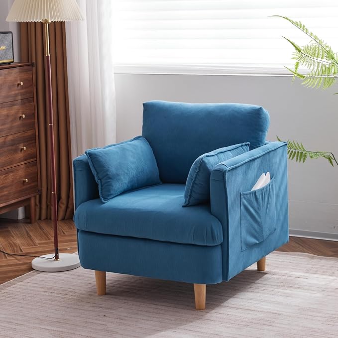 29.5 W Modern Fabric Decorative Chair Armchair Upholstered Reading Chair Single Sofa Casual Club Chair with Solid Wooden Feet and 2 Pillow for living room bedroom bed room office corduroy fabric