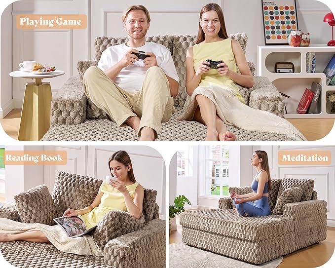 Jocisland 58 Inch Oversized Chaise Lounge Upholstered Sofa Bed with Throw Pillows and Armrests Sleeper Chair- Comfy Chair Bed for Living Room Brown