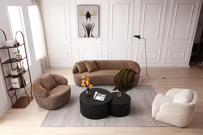 KEIKI 35 Round Oversized Boucle Single Sofa Chair with Ergonomic Design Upholstered Modern Style 1-Seater Corner Swivel Barrel Chair Easy Assembly for Office Apartment Living Room Brown