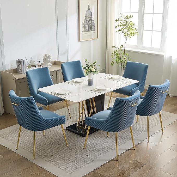 Velvet Dining Chairs Set of 6 Gold LegsUpholstered Velvet Accent Chairs Pleated Back Design &amp Gold Pull Handle Mid Century Modern Chairs for Dining/Kitchen/Living RoomLight Blue