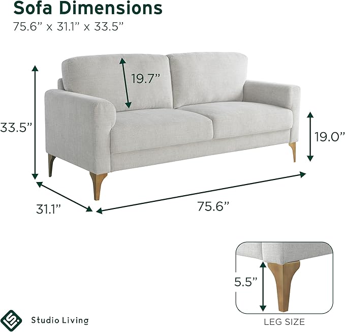 Studio Living® Matthew 75.6 Sofa Mid-Century Modern Pocket Coil Comfort Metal Brushed Bronze Legs Chenille Fabric Ivory