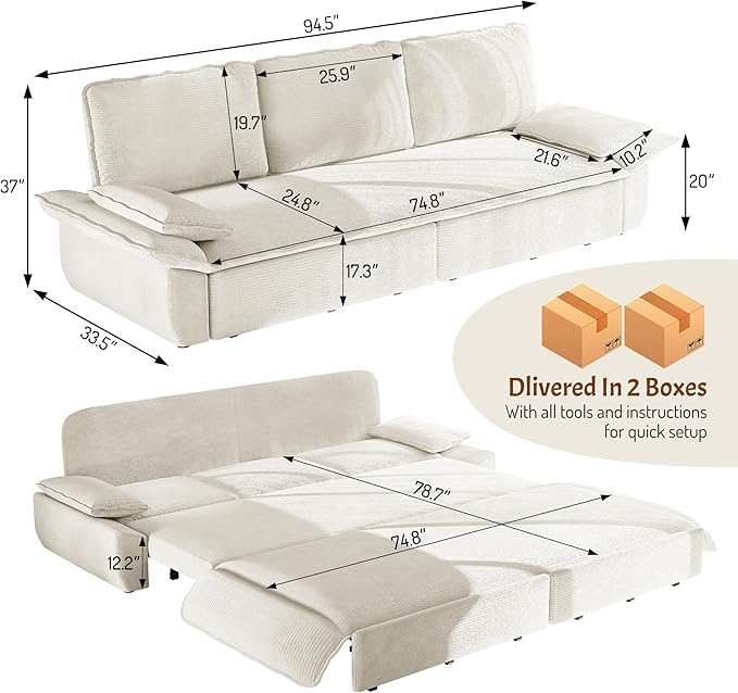 KEIKI 94.5 King-Size 3-in-1 Convertible Sleeper Sofa Oversized Pull-Out Couch with Cloud-Style Deep Seat Corduroy Reclining Loveseat for Home Theater &amp Family Living