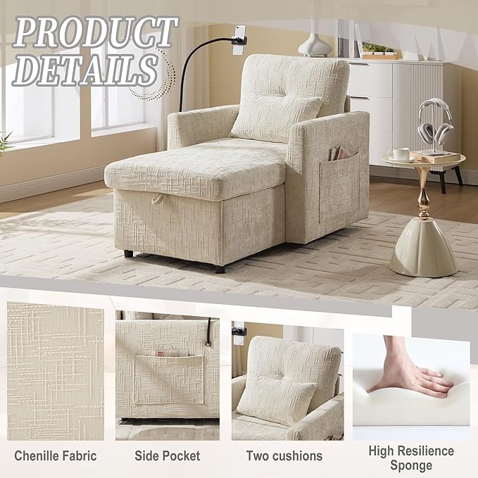 Oversized Multifunctional Recliner Chair with Phone Holder Chenille Ergonomic Lazy Boy Recliner Chair with Storage Backrest Swivel Rocking Chair for Living Room (Beige)