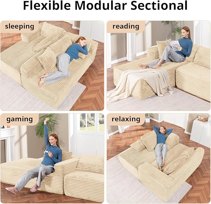 LUCKLIFE Modular Sectional Couch with L-Shape ChaiseCorduroy Upholstery Boneless Couches for Living RoomOversized Sleeper SofaNo Assembly Required (Beige L Shape with Left Facing Chaise)