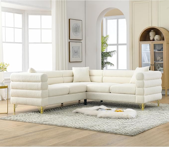 L-Shaped Sectional Couch 81.5 Oversized Corner Sofa Teddy Boucle Comfy Cloud Modern Upholstered Deep Seat Set with Stylish Metal Legs for Living Room Home OfficeApartment White