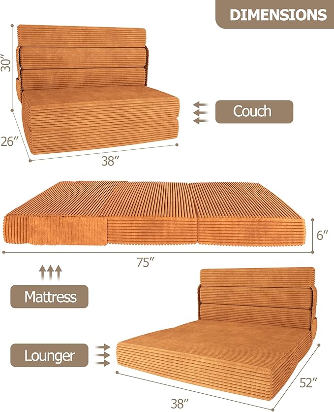 Zenzy 5-Fold Folding Sofa Bed No-Assembly Memory Foam Sleeper Chair with Washable Cover Convertible Floor Couch for Dorm Apartment &amp Guest Room Twin Size (75 L x 38 W)
