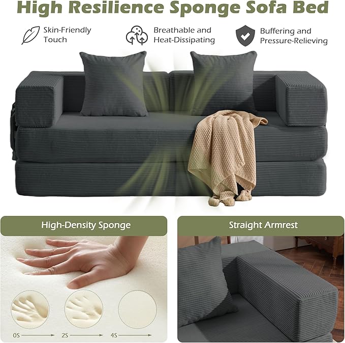 4 in 1 Convertible Sleeper Sofa Bed 78’’ Compression Folding Sofa Bed with Pillows &amp Side Pockets Fold Out Floor Couch Boneless Couch for Living Room BedroomGrey