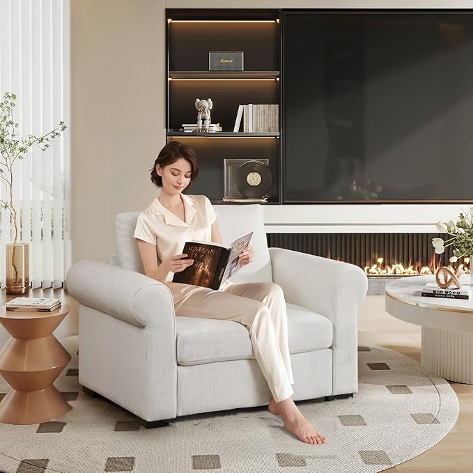 ELUCHANG Oversized Accent Chair Linen Fabric Modern Chair with Deep &amp Wide Seat Washable Covers Comfy Upholstered Large Chair Armchair Sofa Chair Reading Chair for Living Room Bedroom Office I