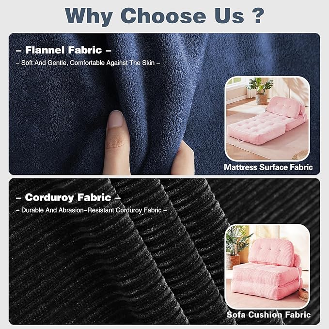 Folding Sofa Bed Flannel Futon Couch Bed with Pillow and Blanket Convertible Sleeper Chair for Living Room Bedroom (Two Pink)