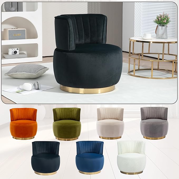 360° Swivel Barrel Accent Chair Black Round Club Arm Chair with Metal Base Modern Single Sofa Seating Velvet Reading Seat in for Living Room Bedroom Office (Black)