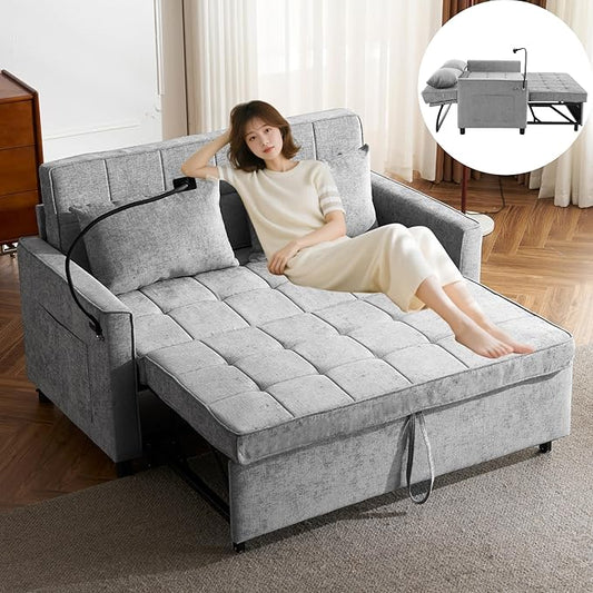 3 in 1 Convertible Sleeper Sofa Bed with Pull-out Bed 61 Chenille Chaise Lounge with 3-level Adjustable Backrest Tufted Loveseat with Phone Holder &amp 2 Soft Pillows for Living Room Apartment Gr