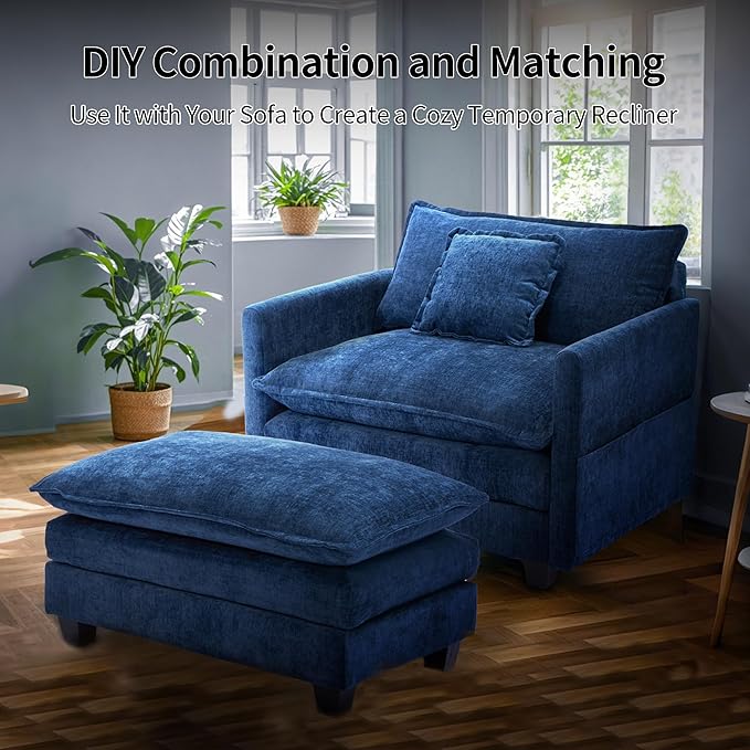 SweetGO corporation 40 Chenille Lounge Chair for Reading Modern Couch Cozy Sofa Bed Upholstered Living Room Single Sofa Accent Chair with Ottoman Set of 2 Blue