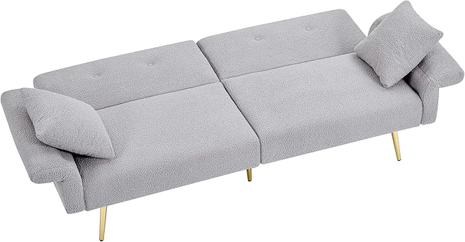 69.5'' Grey Futon Loveseat Sofa Bed Teddy Upholstered Folding Couch with Adjustable Backrest and Armrests Sleeper Sofa with Side Pocket and Gold Metal Legs for Small Space Living Room (Grey)