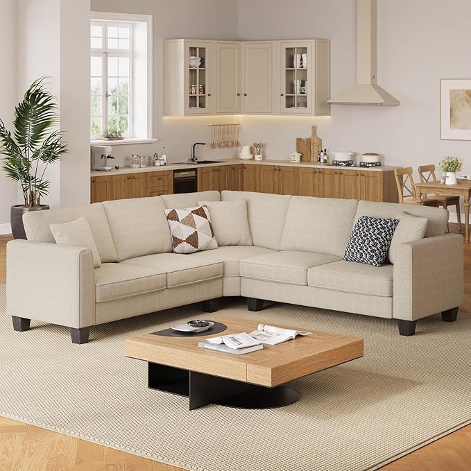 ONBRILL L Shaped Couch Small Corner Sectional Sofa for Living Room Comfy Chenille L Shape Sofa with 3 Throw Pillows Easy Assembly Convertible Sectional Sofa Couches for Apartment Beige