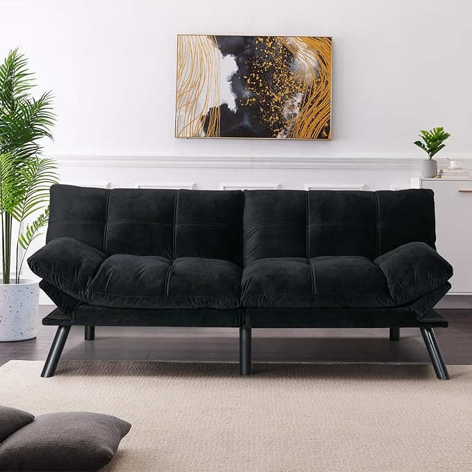 67” Velvet Futon Sofa Bed Convertible Small Upholstered Couch 2-Seat Loveseat Sleeper with Adjustable Backrest and Armrest for Small Space ApartmentGaming RoomOffice(Black)