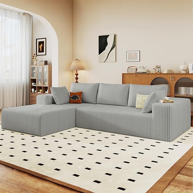 96 Cloud Sectional Couch with L-Shape Chaise Modern Corduroy Boneless Couch for Living RoomMemory Foam Sofa with Deep SeatNo Assembly Required (GreyLeft-Facing Chaise)