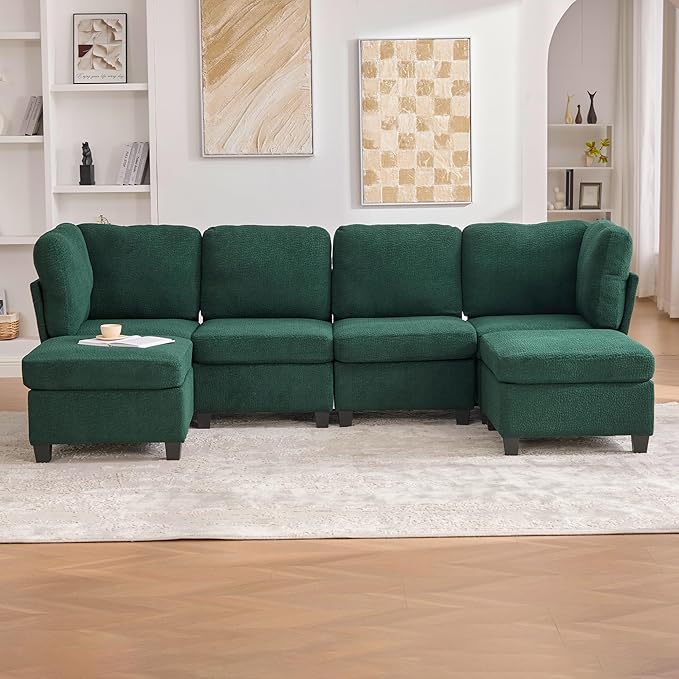 113 U Shaped Modular Sectional Sofa Couch with Storage Ottoman 6 Seat Convertible Upholstered Deep Seat Sleeper Sofa with Chaise Lounge Cloud Couch for Living Room Emerald Green