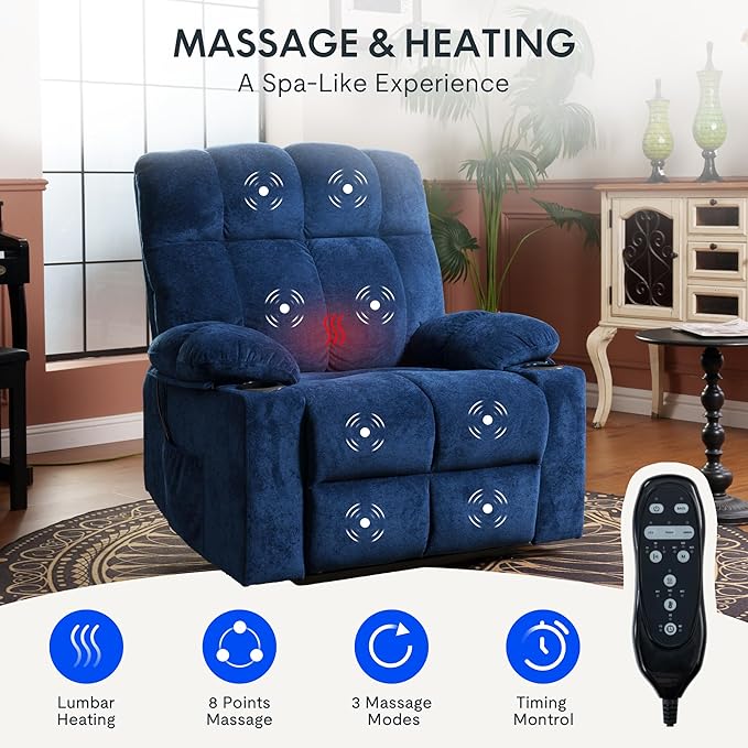 FLEXISPOT XL5 Dual OKIN Motor Power Lift Recliner Chair for Elderly Lay Flat Electric Recliner with Massage &amp Heat USB Ports Fabric Reclining Sofa for Living Room Bedroom Blue
