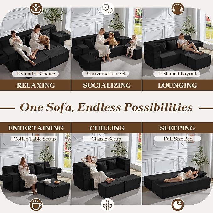 Folding Sofa Bed 78.7”Full-Length Floor Sleeper Couch Full Size Folding Sofa Bed with 2 Ottomans 3-in-1 Convertible Foam Futon No Assembly Sleeper Couch for Living Room Bedroom Small Space Black