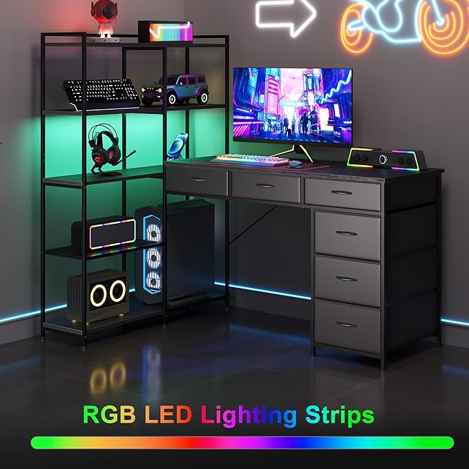 Garvee L Shaped Gaming Computer Desk with 6 Fabric Drawers Corner Gaming Desk with Open Shelves Home Office PC Table with Power Outlets &amp LED Lights 58.3 l*54.3 h Black