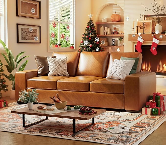 ELUCHANG 85 Luxury 3 Seater Sofa Couch for Living Room Modern Upholstered Faux Leather Sofas Couches with Extra Deep Seats&ampRemovable Cover Comfy Sofa Couch for Apartment Lounge Brown 2PCS