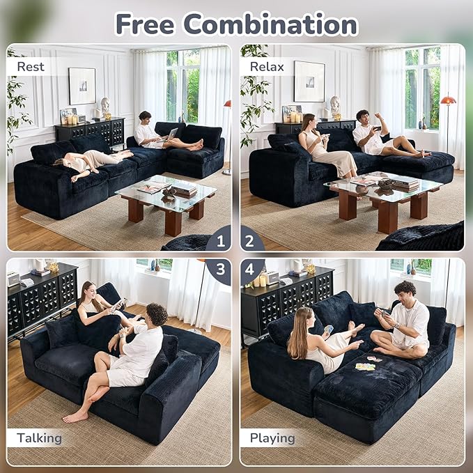 108 Cloud Sectional Couches for Living Room Convertible L-Shape Boneless Couch with Ottoman 3 Seater Modular Cloud Sofa with Deep Seat (Black 3 Seater + 1 Ottoman)