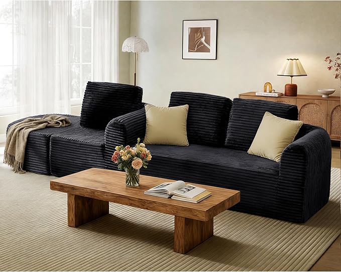 108” Modular Sectional Sofa Boneless Couches for Living Room Deep Seat L-Shape Cloud Couch with ChaiseComfy Sofa Freely Change Configurations No Assembly RequiredSoft Plush Corduroy Fabric(Black)