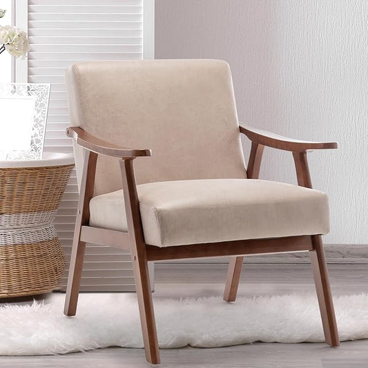 Living Room Chair with Solid Wood Frame Mid Century Modern Chairs Beige Accent Chair Extra-Thick Backrest Wingback Chairs for Bedroom Reading Room Living Room Lounge Recliner Indoor