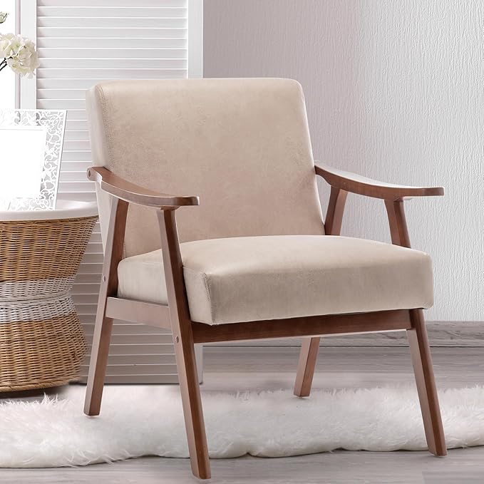 Mid Century Modern Accent ChairComfy Fabric Reading Chair with Retro Solid Wood Frame &amp High Back Upholstered Lounge Arm Side Chair for Living Room Bedroom Balcony (Light Camel)
