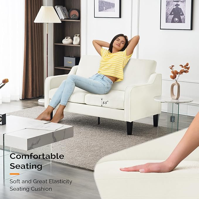 VINGLI Loveseat Mid-Century Modern Loveseat Sofa Couch 53 Wide 2 Seater Sofa Couch Love Seat with Scooped Armrest for Small Spaces Living Room Dorm Bedroom Apartment (Creamy White)